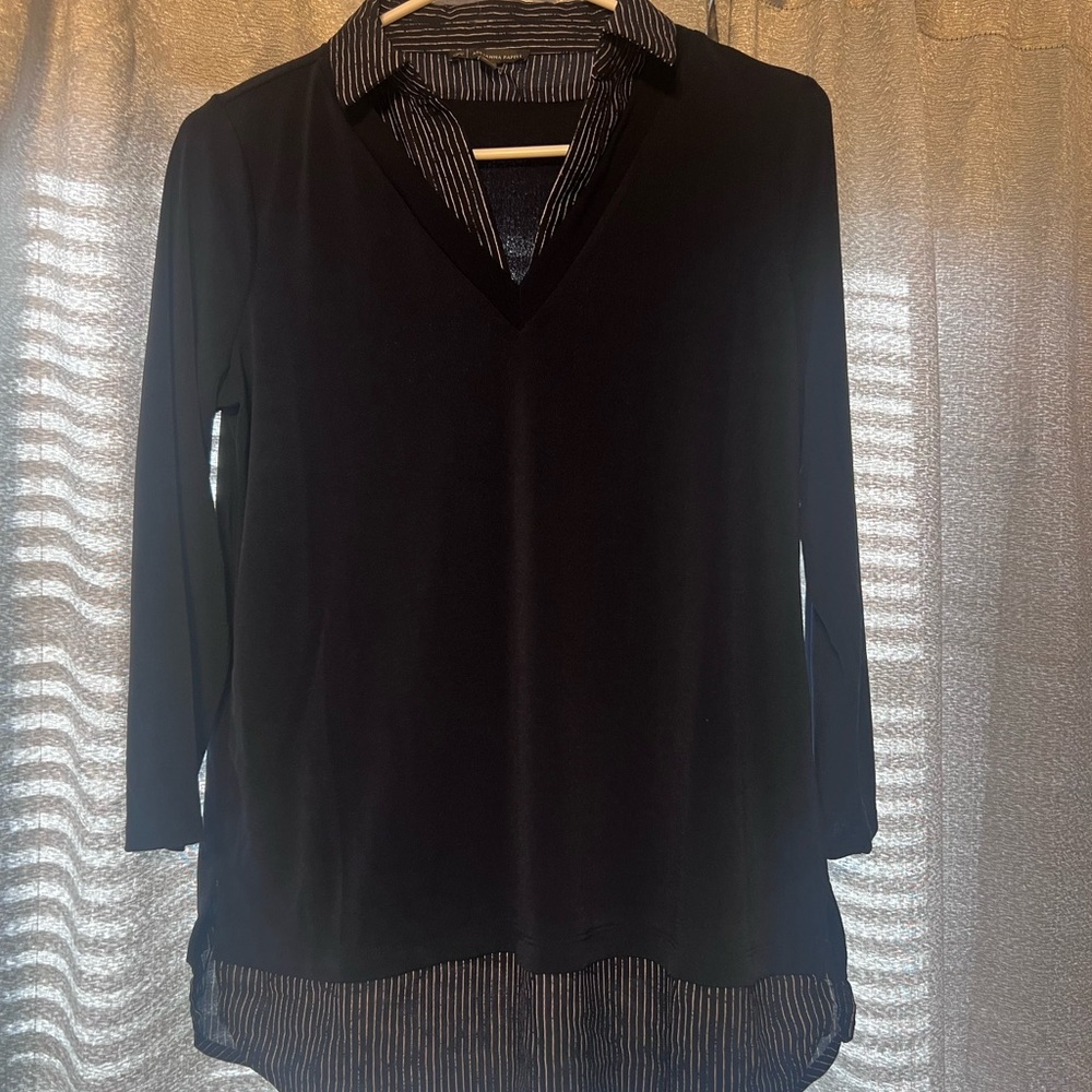 Adrianna Papell Black Layered V-Neck Tunic with Striped Underlayer